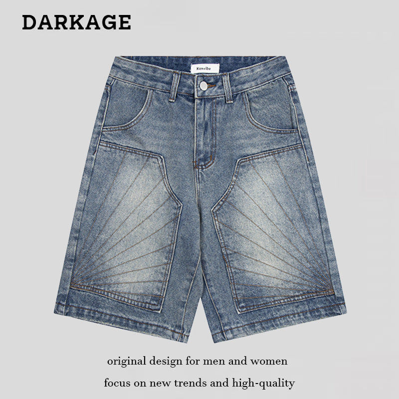 DARKAGE Vintage Washed Sunburst Pleated Denim Shorts