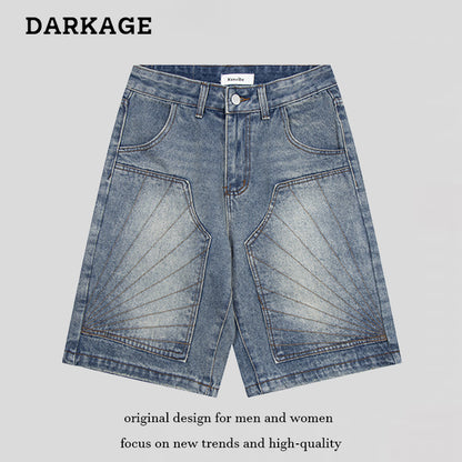 DARKAGE Vintage Washed Sunburst Pleated Denim Shorts