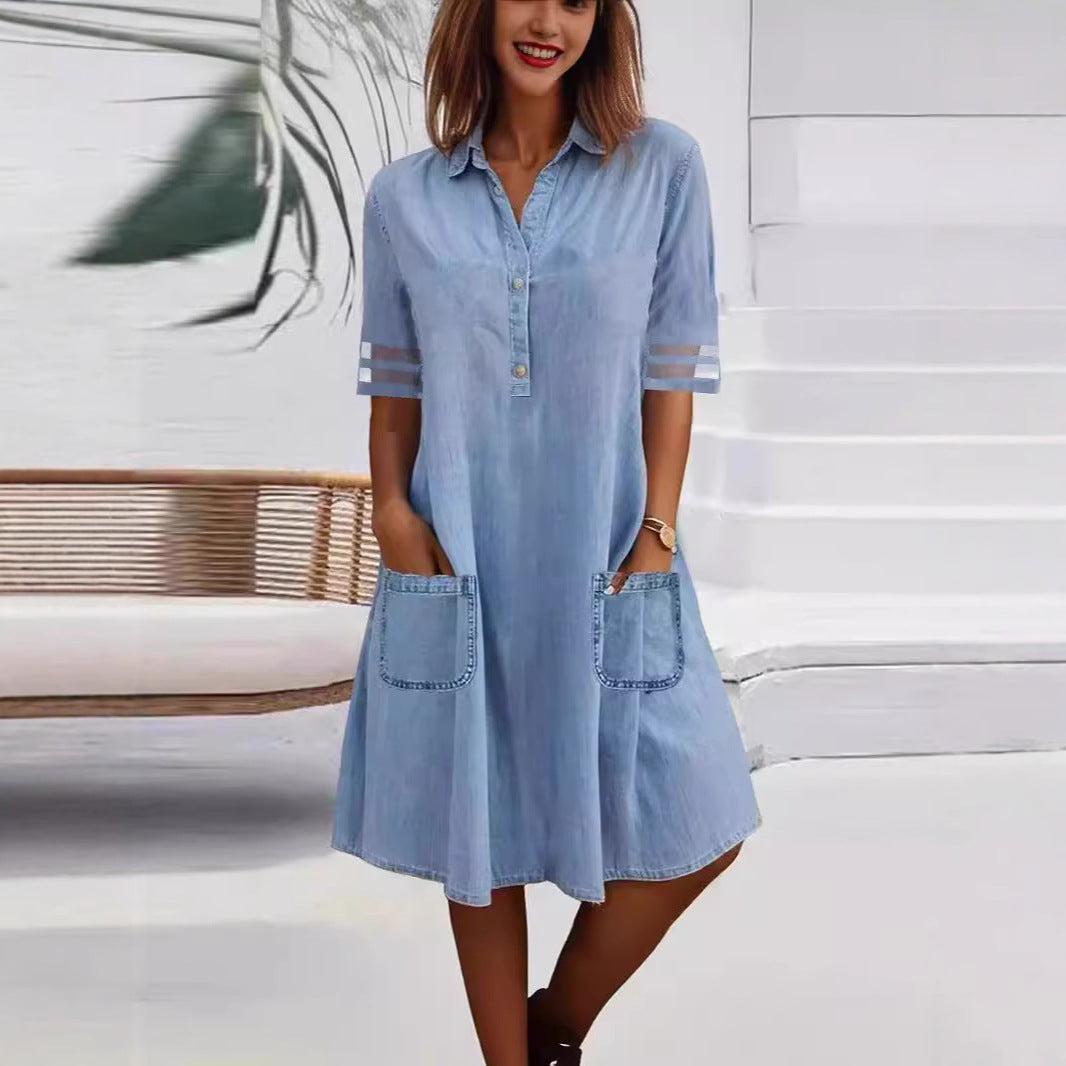 Women's Casual Denim Shirt Dress Short Sleeve Loose Fit Pocket Dress - Seldom Seen Styles
