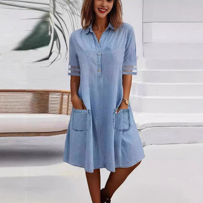 Women's Casual Denim Shirt Dress Short Sleeve Loose Fit Pocket Dress