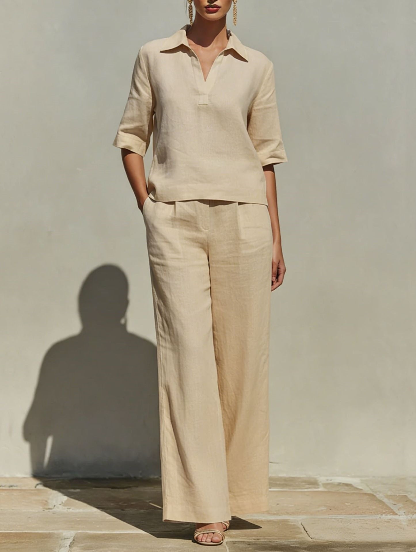 Women's Linen Two Piece Pants Set V Neck Blouse and Wide Leg Pants Casual Vacation Outfit - Seldom Seen Styles