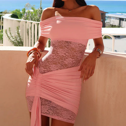 Spitzenkleid sexy Bandeau-Top One-Shoulder-Ausschnitt Spleißen Perspektive Hüftriemen kurzer Rock Damenbekleidung