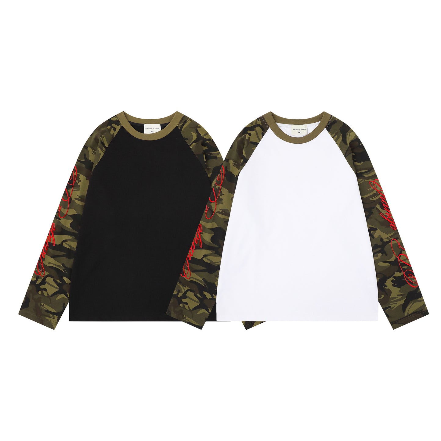 Women's American Retro Camouflage Splice Embroidery Raglan Long Sleeve T-Shirt Loose Casual Unisex Spring Summer Top | Camo Splice Tee