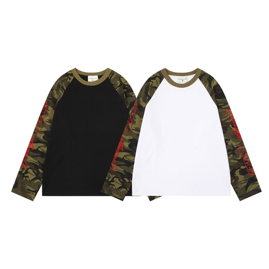 Women's American Retro Camouflage Splice Embroidery Raglan Long Sleeve T-Shirt Loose Casual Unisex Spring Summer Top | Camo Splice Tee