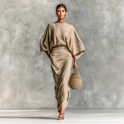 Women's Linen Blend Batwing Sleeve Top and Maxi Skirt Set Elegant Two Piece Matching Outfit