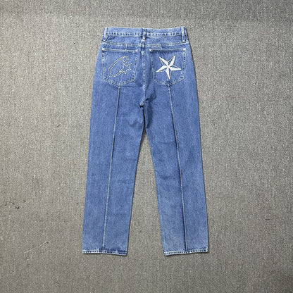 Men's Star Embroidered Denim Shorts Baggy Jorts Loose Fit Streetwear Jean Shorts Y2K Skate Shorts
