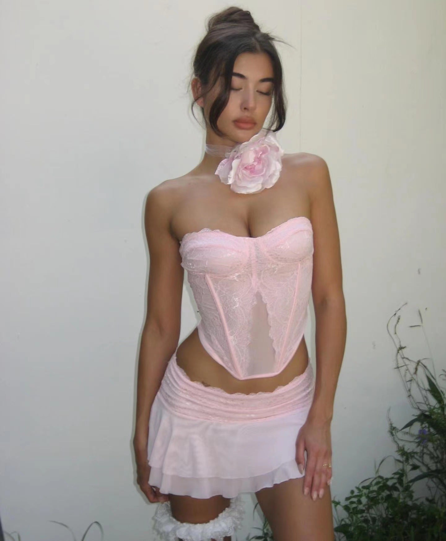 Pink Semi Transparent Lace Boning Corset Tube Top Short Vest Mini Ultra Short Double Layer Skirt Set - Seldom Seen Styles