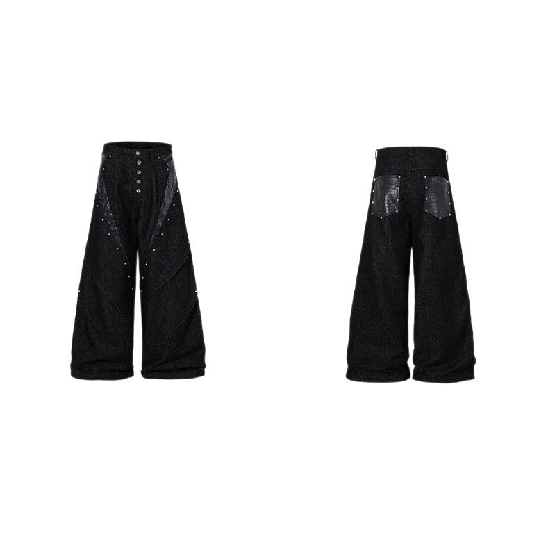 Women's American Retro Cracked Leather Splice Loose Straight Denim Pants Unisex Spring Summer Jeans | Crack Denim