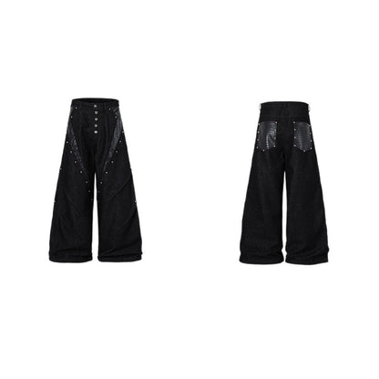 Women's American Retro Cracked Leather Splice Loose Straight Denim Pants Unisex Spring Summer Jeans | Crack Denim