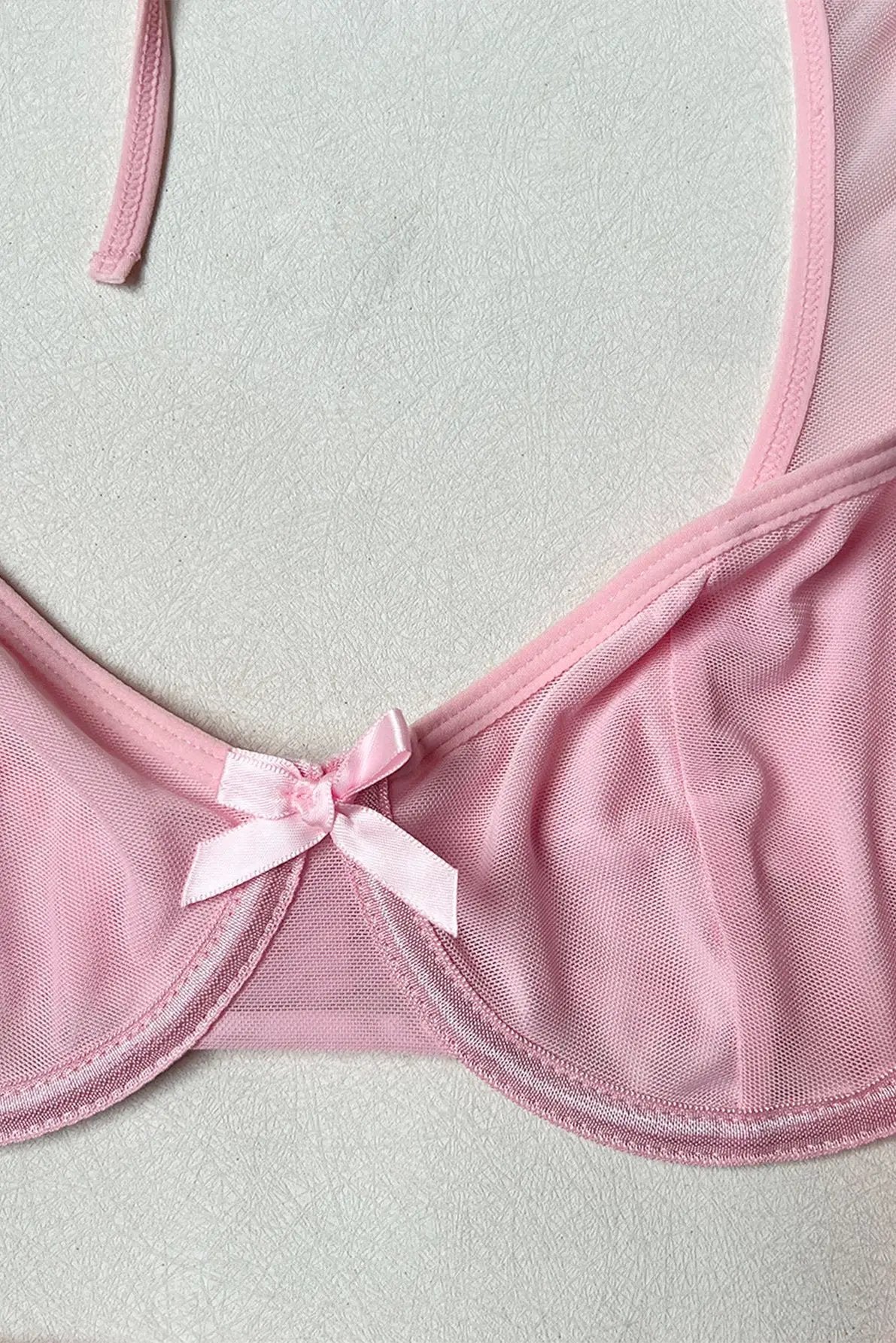 Pink Sheer Mesh Long Sleeves Wired Bra Thong Skirt Sexy 3Pc Lingerie Set