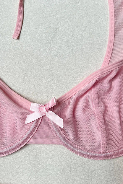 Pink Sheer Mesh Long Sleeves Wired Bra Thong Skirt Sexy 3Pc Lingerie Set