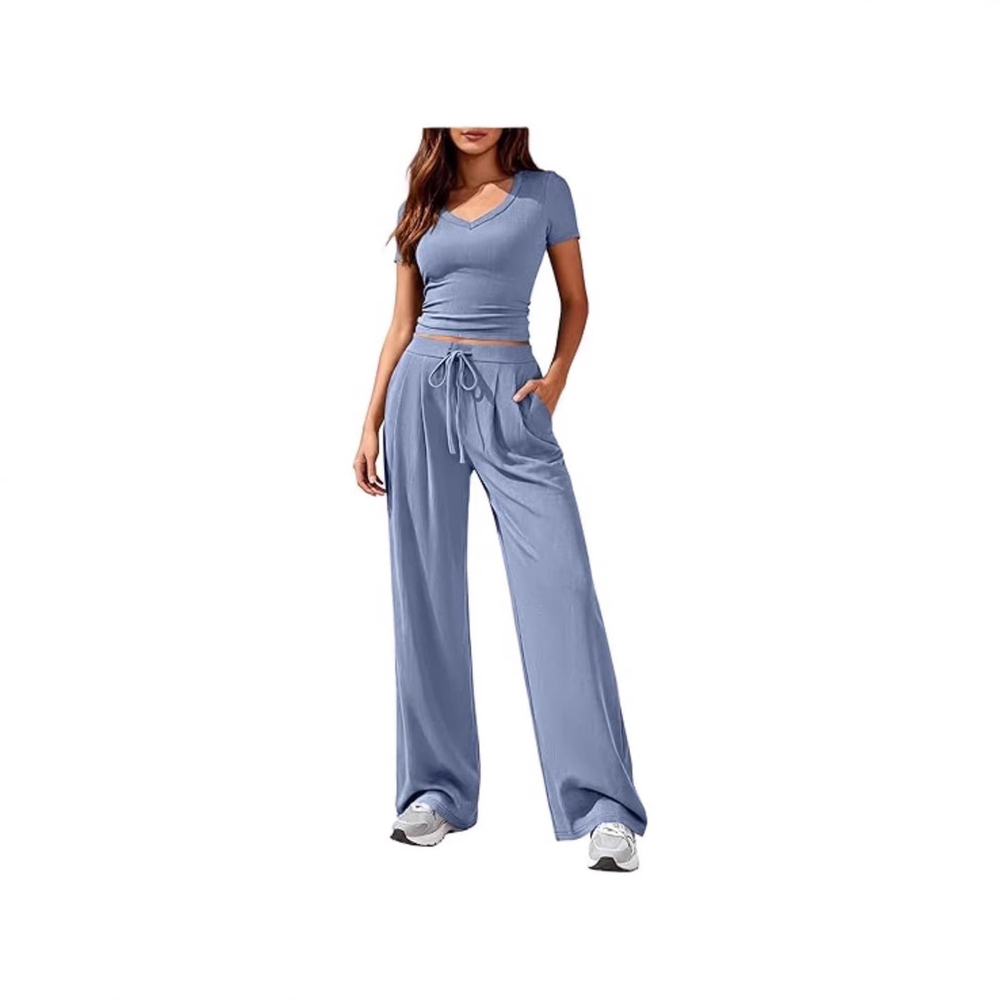 Women's Solid Color V-Neck Top Wide Leg Trousers Two Piece Set Casual Summer Vacation Outfit - Seldom Seen Styles