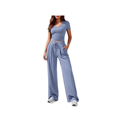 Women's Solid Color V-Neck Top Wide Leg Trousers Two Piece Set Casual Summer Vacation Outfit