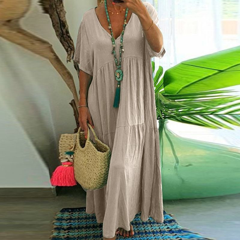 Women's Solid Color Loose V-Neck Short Sleeve Big Swing Maxi Dress Summer Casual Vacation Outfit Plus Size - Seldom Seen Styles