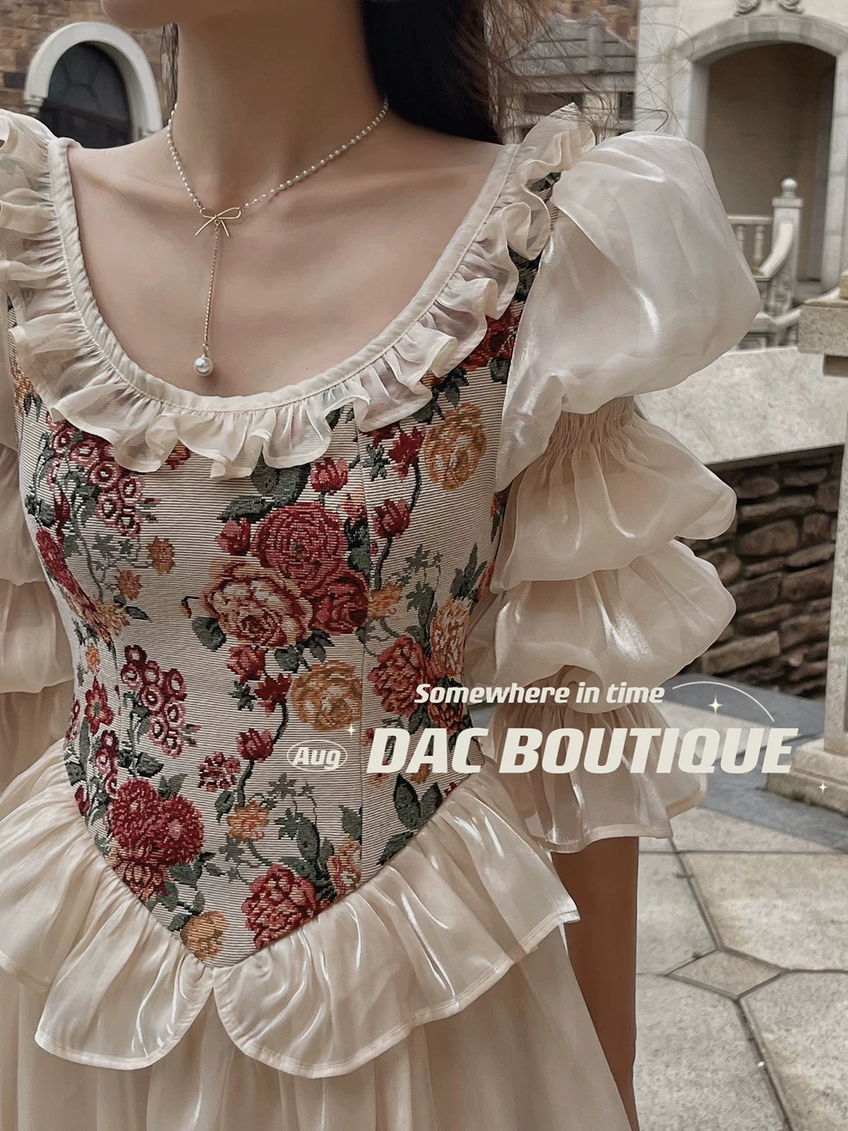 French Vintage Floral Corset Dress – Elegant Puff Sleeve Cottagecore Princess Midi Dress for Women - Seldom Seen Styles