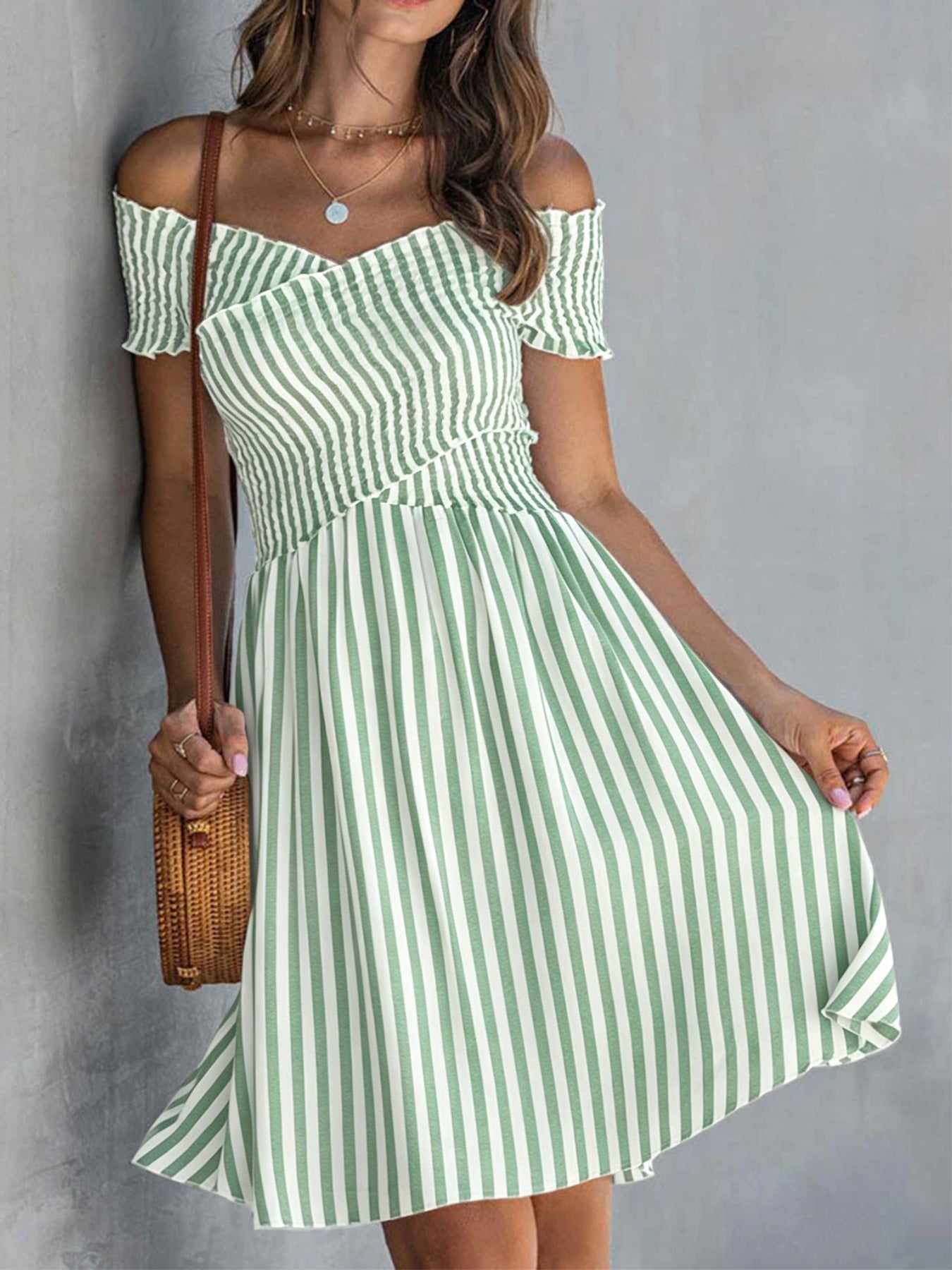 Women's Off Shoulder Striped Maxi Dress Slim Fit Summer Vacation Dress