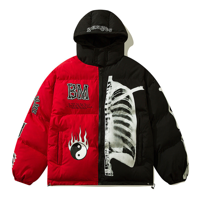Women's Street Guochao Flame Taichi Contrast Color Hooded Thickened Puffer Jacket American Retro Unisex | Taichi Flame Puffer