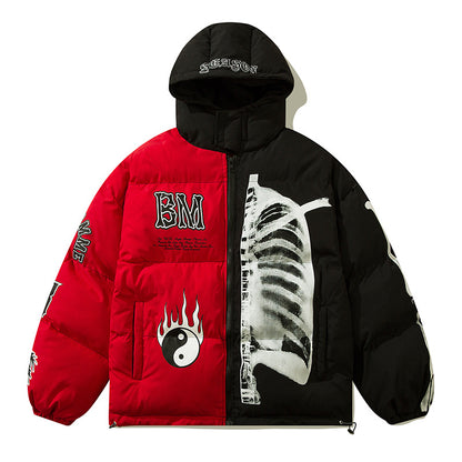 Women's Street Guochao Flame Taichi Contrast Color Hooded Thickened Puffer Jacket American Retro Unisex | Taichi Flame Puffer