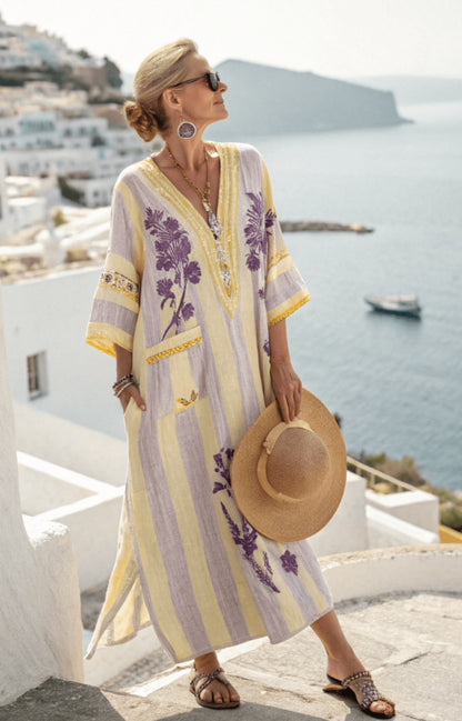 Women's Boho Linen Maxi Dress Oversized Kaftan Beach Cover Up Vacation Resort Dress