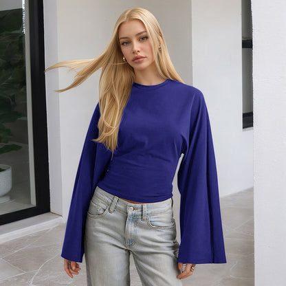 Women's Ruched Long Sleeve Top with Wide Sleeves Crew Neck Fitted Casual Blouse