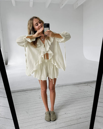 Ensemble Décontracté Top Uni Volanté à Lacets et Short Ample à Taille Élastique avec Poches