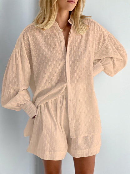 Women's Jacquard Bubble Sleeve Shirt Shorts Two-Piece Set Casual Commuter Chic Summer Outfit