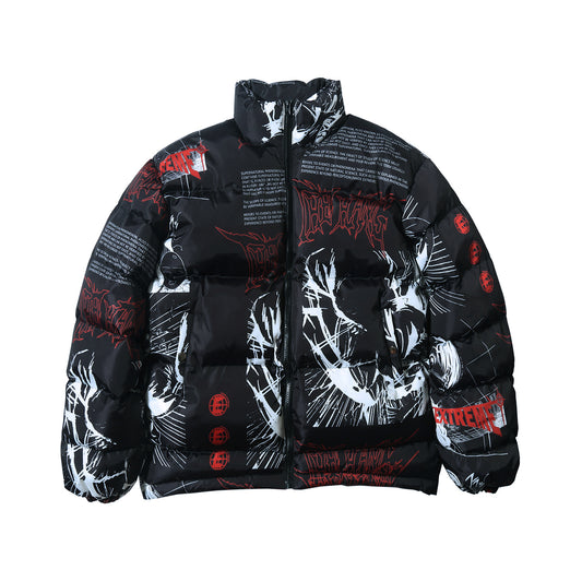 Women's Anime Full Print Thickened Puffer Cotton Jacket Street Style Couple Guochao Warm Winter Coat Unisex | Anime Puffer