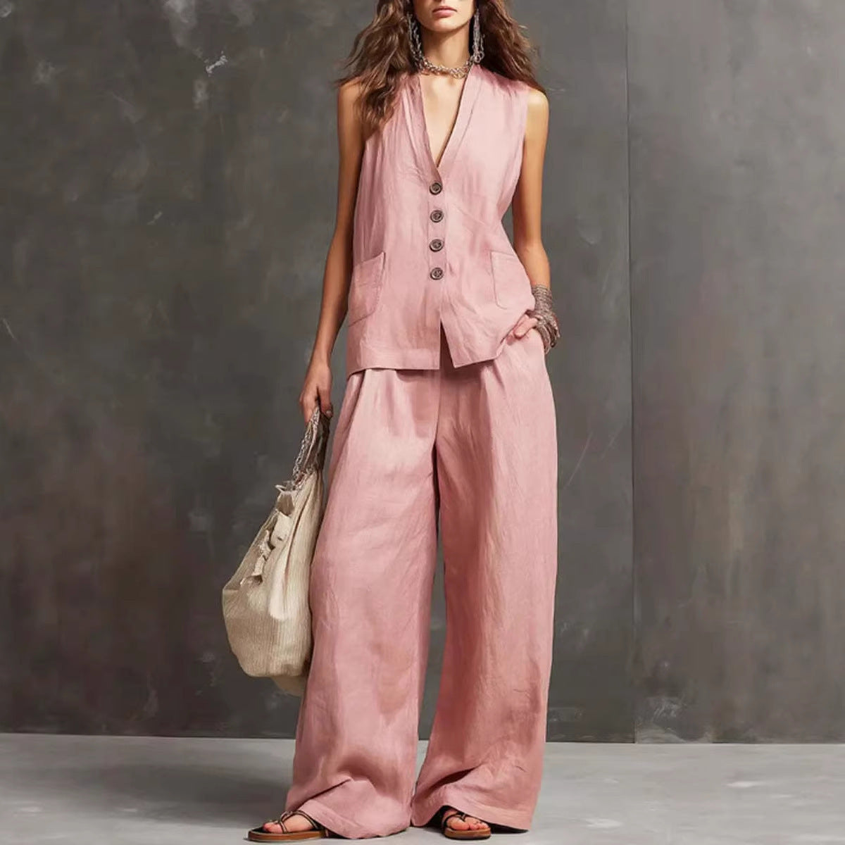 Women's Sleeveless Vest Wide Leg Pants Linen Two Piece Set Summer Casual Vacation Outfit - Seldom Seen Styles