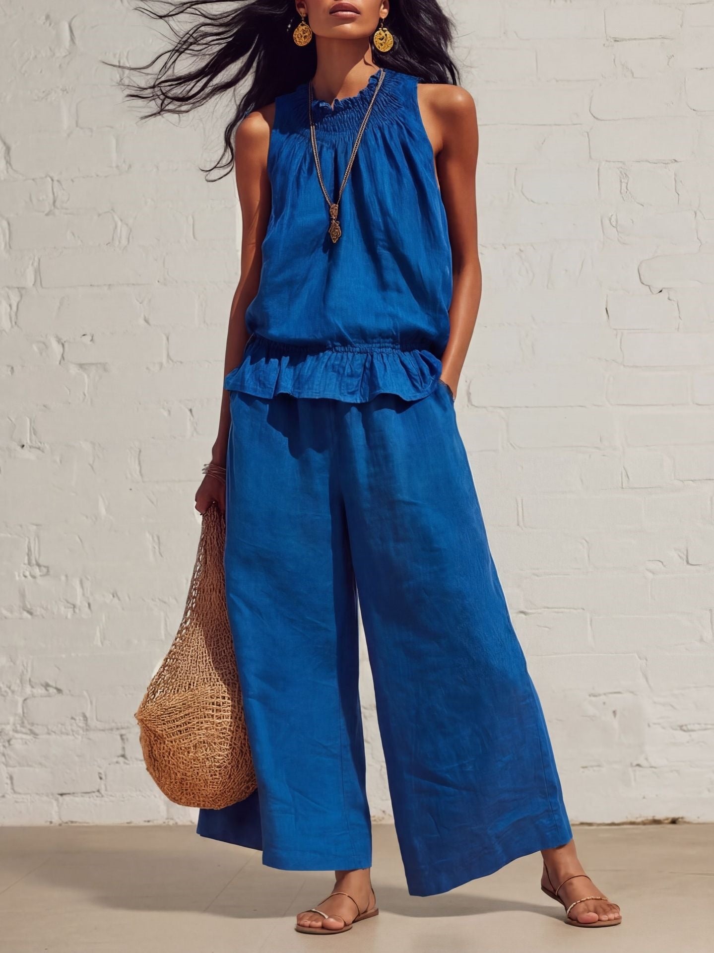 Women's Sleeveless Ruffle Wide Leg Pants Two Piece Set Cotton Linen Casual Summer Beach Outfit - Seldom Seen Styles
