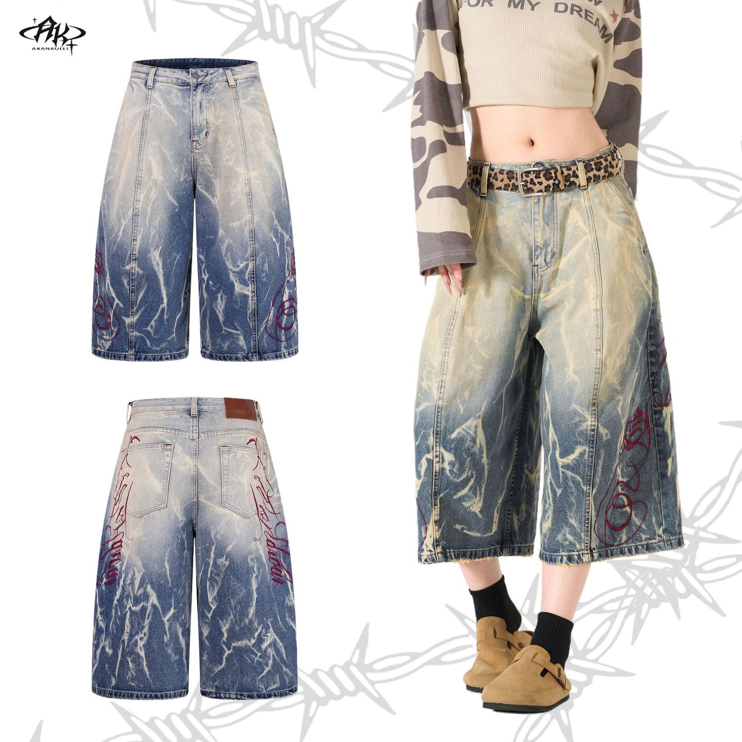 Retro Embroidery Heavy Washed Loose Lantern Cropped Shorts Hip Hop Vintage American Street Trendy Casual Denim | Bloom Lantern