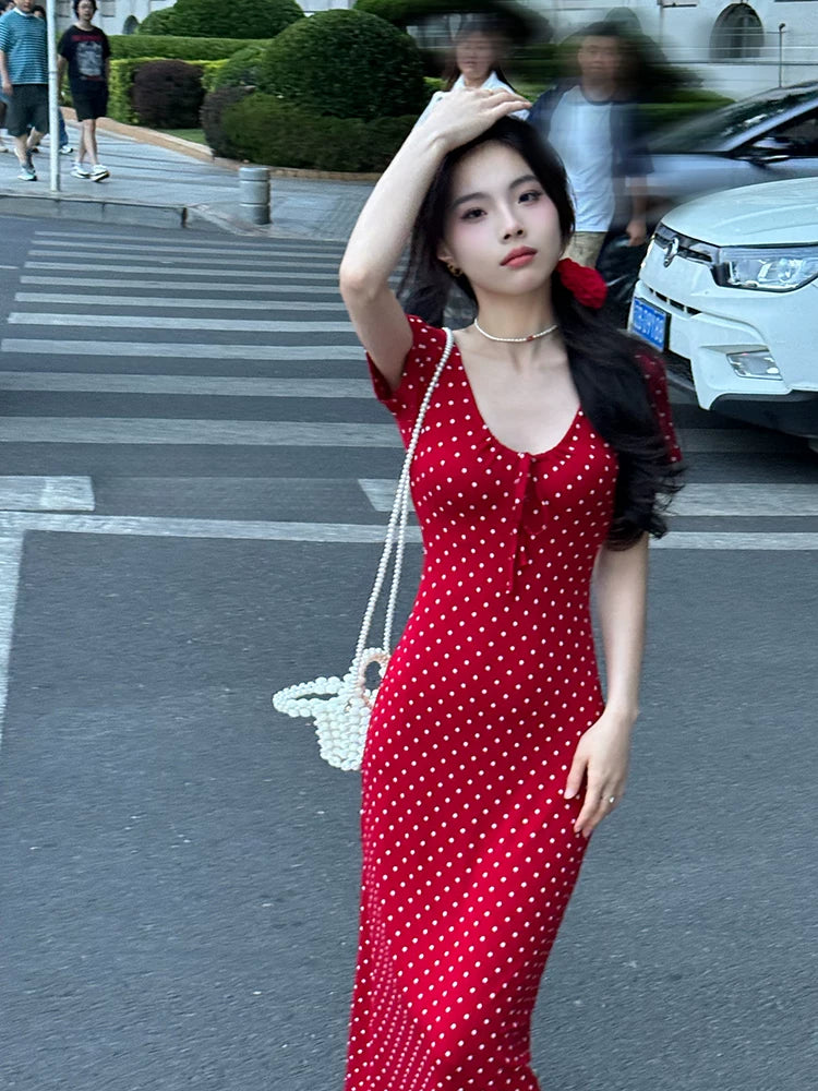 New solid color red polka dot elastic slim white drawstring design V-neck short-sleeved dress long dress women - Seldom Seen Styles
