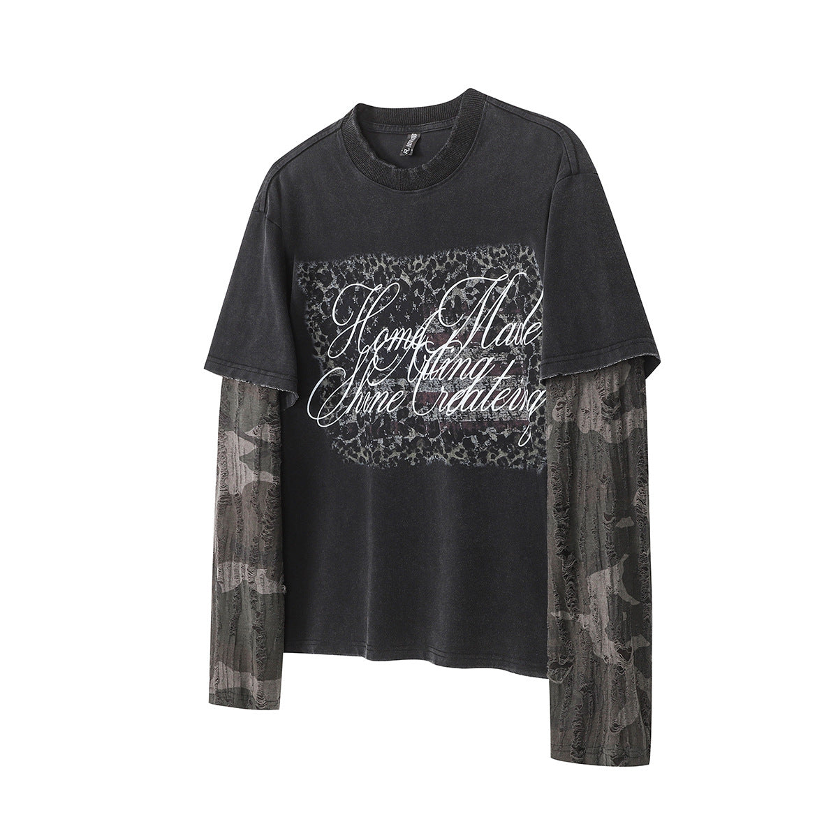 Faux Two-Piece Distressed Camo Sleeve Long Sleeve Tee - Washed Black