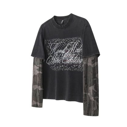 Faux Two-Piece Distressed Camo Sleeve Long Sleeve Tee - Washed Black