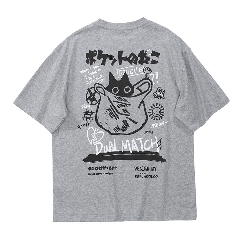 Crew Neck Short Sleeve Japanese Graffiti Cat Back Print T-Shirt Loose Oversized Retro Streetwear Casual Summer Top | Pocket Neko