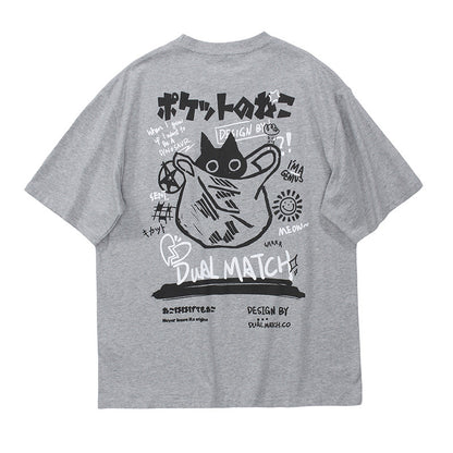 Crew Neck Short Sleeve Japanese Graffiti Cat Back Print T-Shirt Loose Oversized Retro Streetwear Casual Summer Top | Pocket Neko