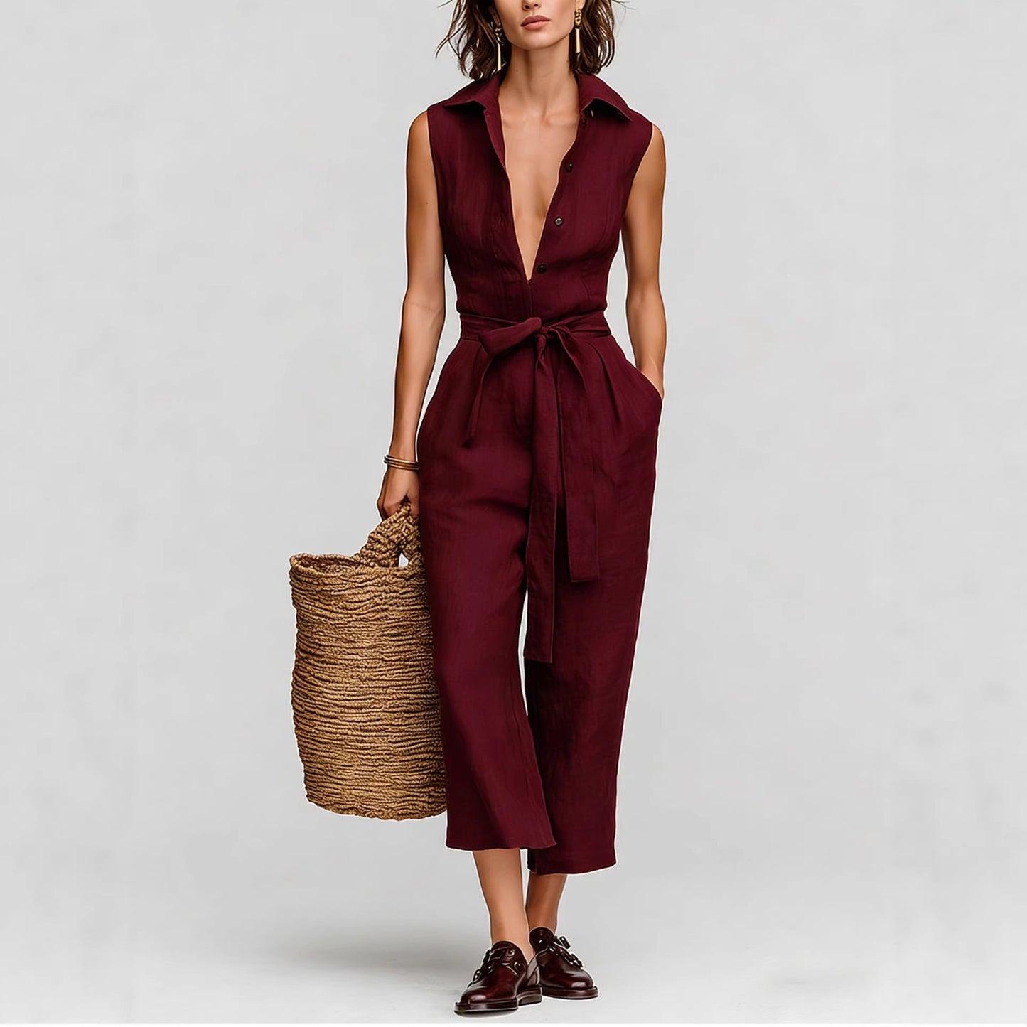 Women's Linen Blend Sleeveless V-Neck Belted Jumpsuit Casual Summer Vacation Outfit - Seldom Seen Styles