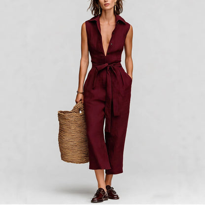 Women's Linen Blend Sleeveless V-Neck Belted Jumpsuit Casual Summer Vacation Outfit