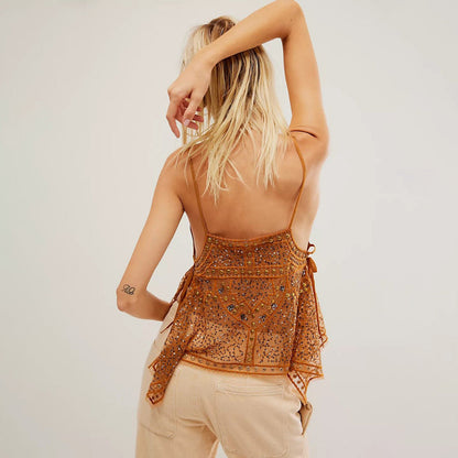 Women Y2K Sequin Mesh Tank Top Glitter Floral Embroidered Cami Crop Top Sleeveless Backless Rhinestone Camisole