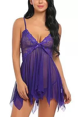 Women's Sheer Lace Babydoll Lingerie Set Deep V Neck Mesh Chemise Nightgown Sexy Sleepwear with Matching Thong