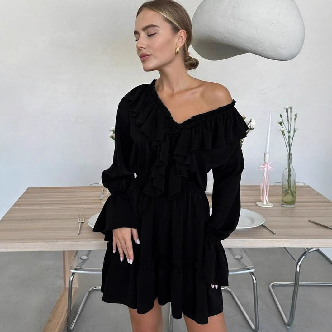 V-neck dress women's new horn sleeve dress short chiffon dress - Seldom Seen Styles