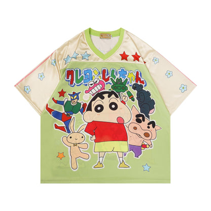 Cartoon Print V-Neck Short Sleeve T-Shirt Retro Animation Loose Fit Casual Streetwear Couple Summer Jersey Tee | Toon V Tee