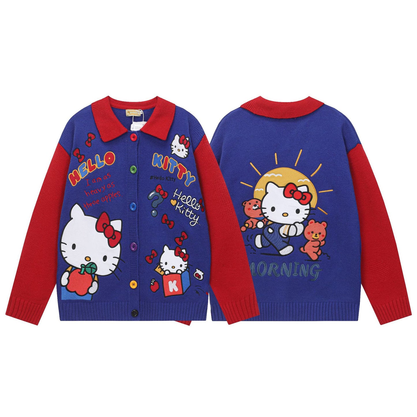 Cartoon Embroidery Color Block Kitty Knit Cardigan Unisex Loose Fit Niche Couple Sweater Jacket Streetwear | Kitty Cardi