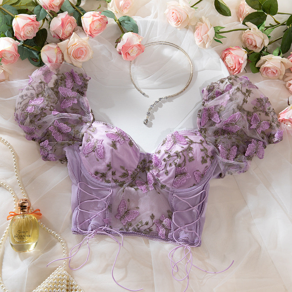 Embroidery Sweetheart Neck Short Sleeve Lace Trim Blouse - Seldom Seen Styles