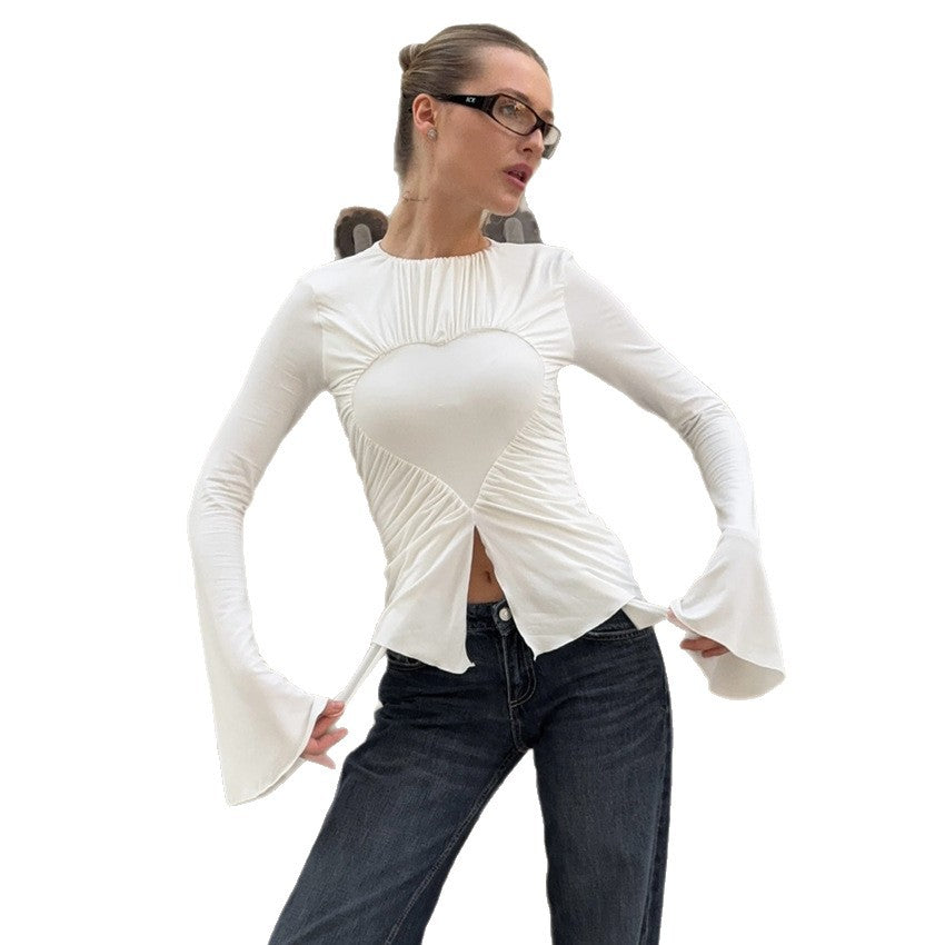 Autumn new round aneck slim flared sleeves simple love T-shirt design temperament fashionable - Seldom Seen Styles