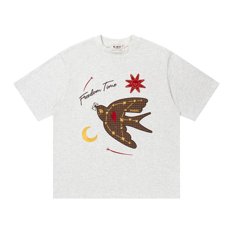 Freedom Swallow Graphic Oversized T-Shirt Short Sleeve Crew Neck Casual Summer Streetwear Tee | Freedom Swallow Tee