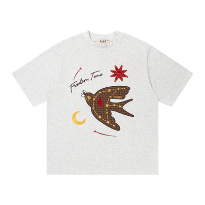 Freedom Swallow Graphic Oversized T-Shirt Short Sleeve Crew Neck Casual Summer Streetwear Tee | Freedom Swallow Tee