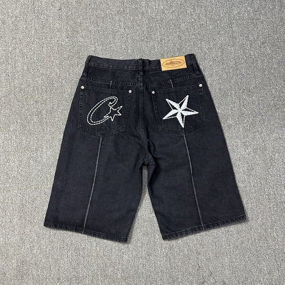 Men's Star Embroidered Denim Shorts Baggy Jorts Loose Fit Streetwear Jean Shorts Y2K Skate Shorts