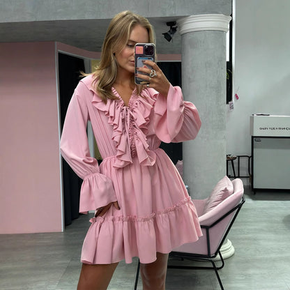V-Ausschnitt Kleid Damen neues ausgestelltes Ärmelkleid kurzes Chiffonkleid