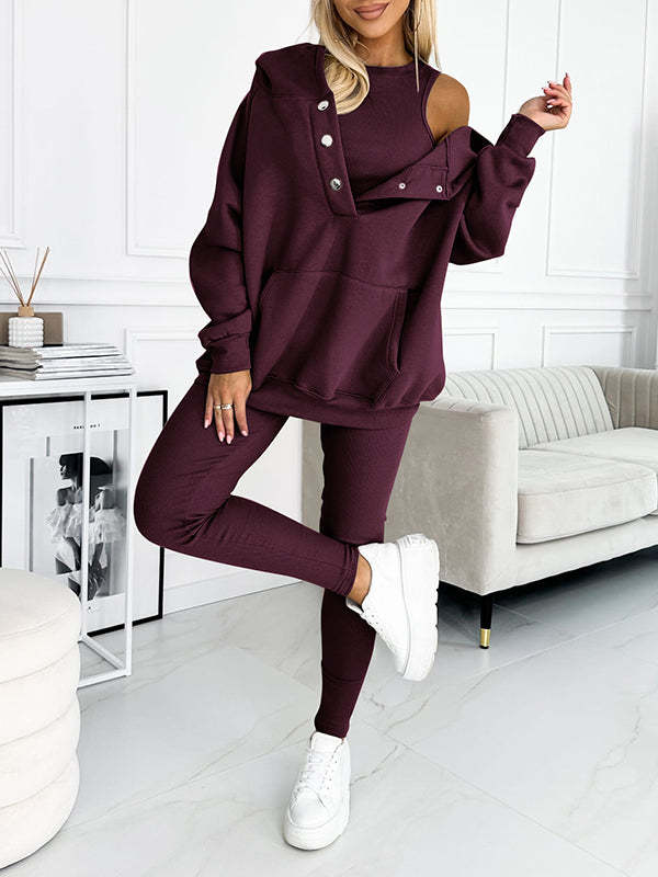 Women's Three Piece Lounge Set Hooded Sweatshirt Tank Top and Leggings Matching Tracksuit Casual Athleisure Outfit