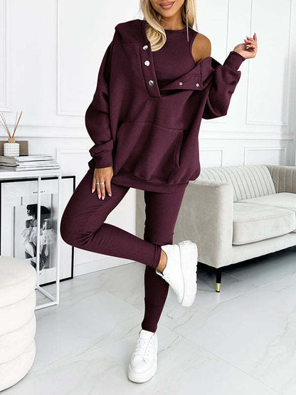 Women's Three Piece Lounge Set Hooded Sweatshirt Tank Top and Leggings Matching Tracksuit Casual Athleisure Outfit